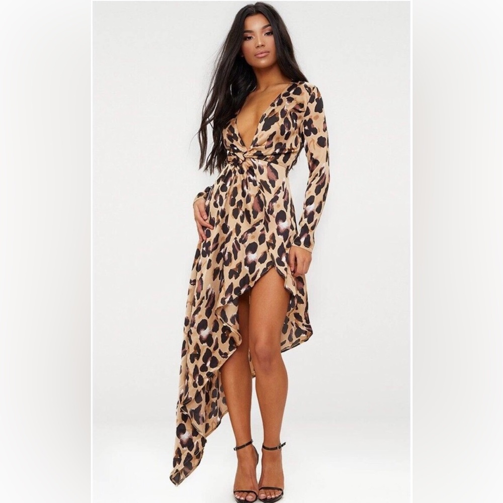 PrettyLittleThing Sexy Asymmetrical Leopard Print Wrap Dress Maxi Size 6 NWOT